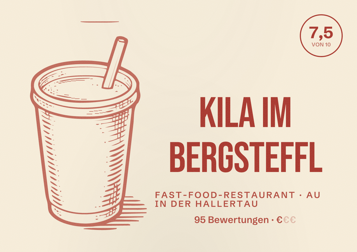 Illustriertes Poster von Kila im Bergsteffl, Fast-Food-Restaurant in Au in der Hallertau: Bewertung 7,5 von 10 aus 95 Bewertungen, Preisniveau €