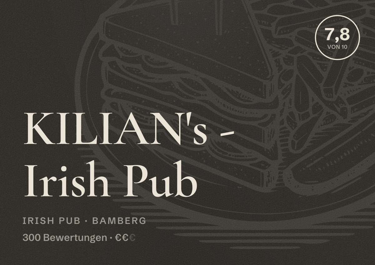 Illustriertes Poster von KILIAN's - Irish Pub, Irish Pub in Bamberg: Bewertung 7,8 von 10 aus 300 Bewertungen, Preisniveau €€