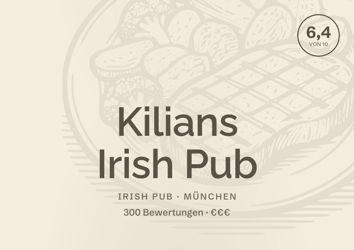 Illustriertes Poster von Kilians Irish Pub, Irish Pub in München: Bewertung 6,4 von 10 aus 300 Bewertungen, Preisniveau €€€