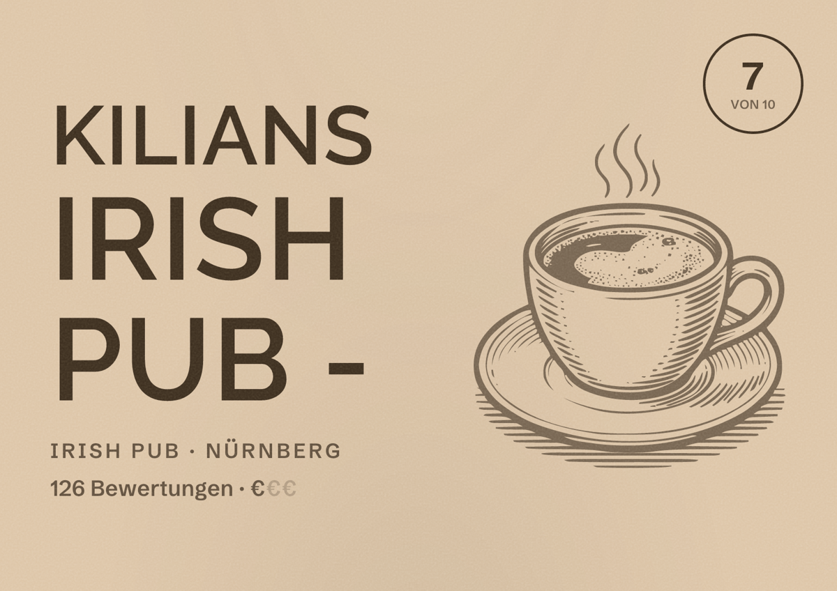 Illustriertes Poster von Kilians Irish Pub -, Irish Pub in Nürnberg: Bewertung 7 von 10 aus 126 Bewertungen, Preisniveau €