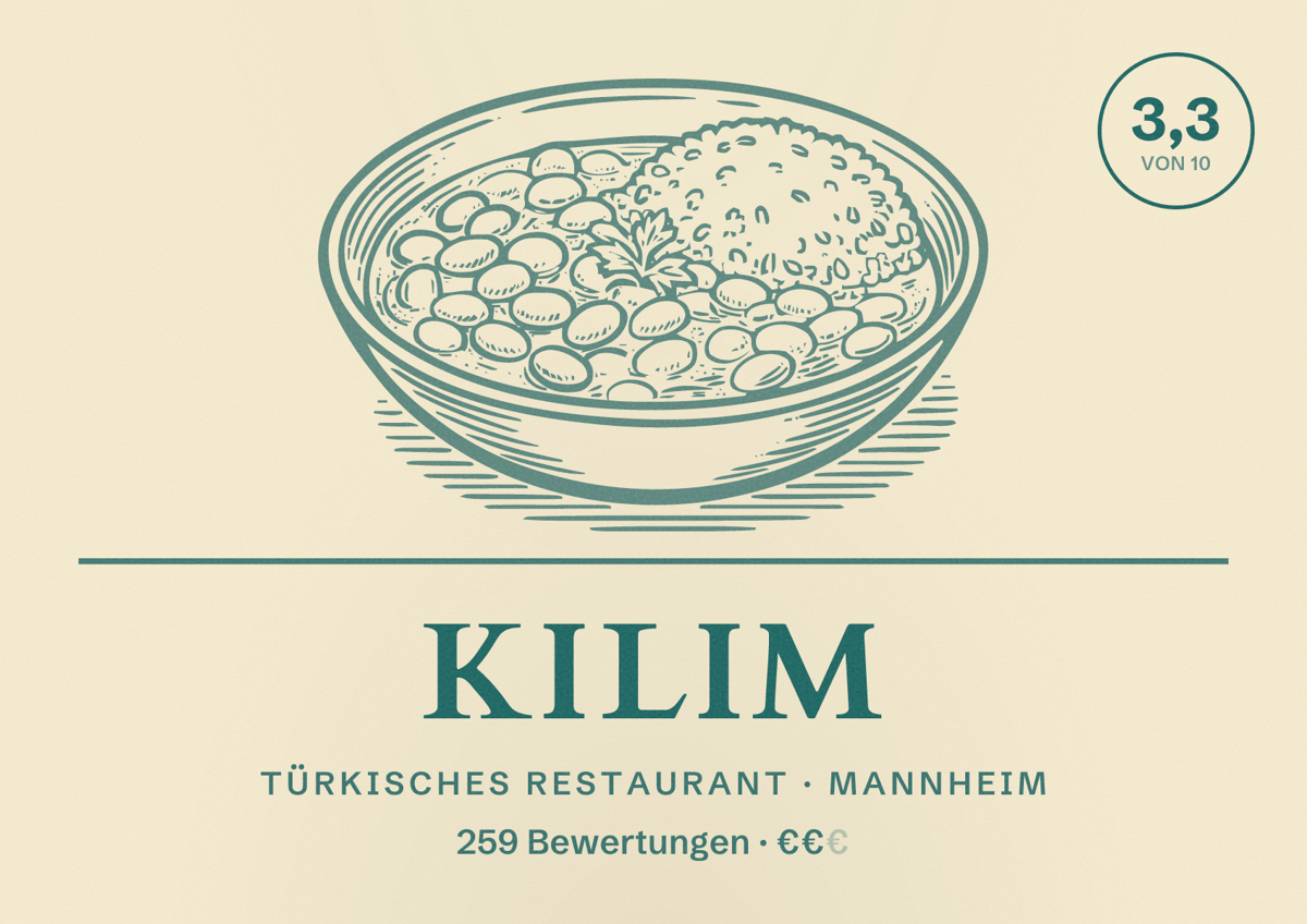 Illustriertes Poster von Kilim, Türkisches Restaurant in Mannheim: Bewertung 3,3 von 10 aus 259 Bewertungen, Preisniveau €€