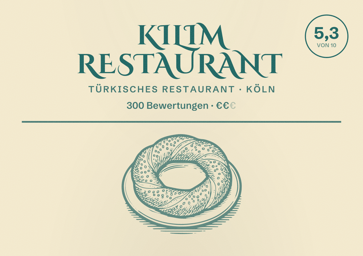 Illustriertes Poster von Kilim Restaurant, Türkisches Restaurant in Köln: Bewertung 5,3 von 10 aus 300 Bewertungen, Preisniveau €€