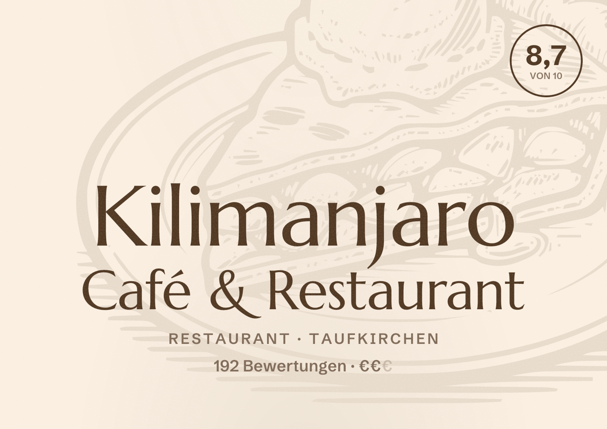 Illustriertes Poster von Kilimanjaro Café & Restaurant, Restaurant in Taufkirchen: Bewertung 8,7 von 10 aus 192 Bewertungen, Preisniveau €€