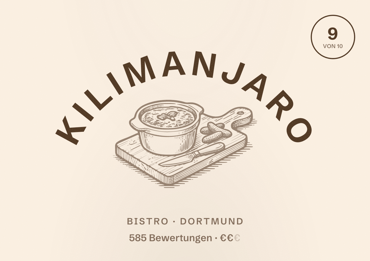 Illustriertes Poster von Kilimanjaro, Bistro in Dortmund: Bewertung 9 von 10 aus 585 Bewertungen, Preisniveau €€
