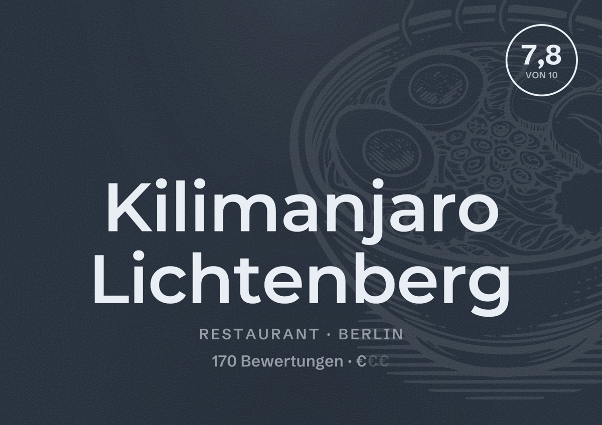 Illustriertes Poster von Kilimanjaro Lichtenberg, Restaurant in Berlin: Bewertung 7,8 von 10 aus 170 Bewertungen, Preisniveau €