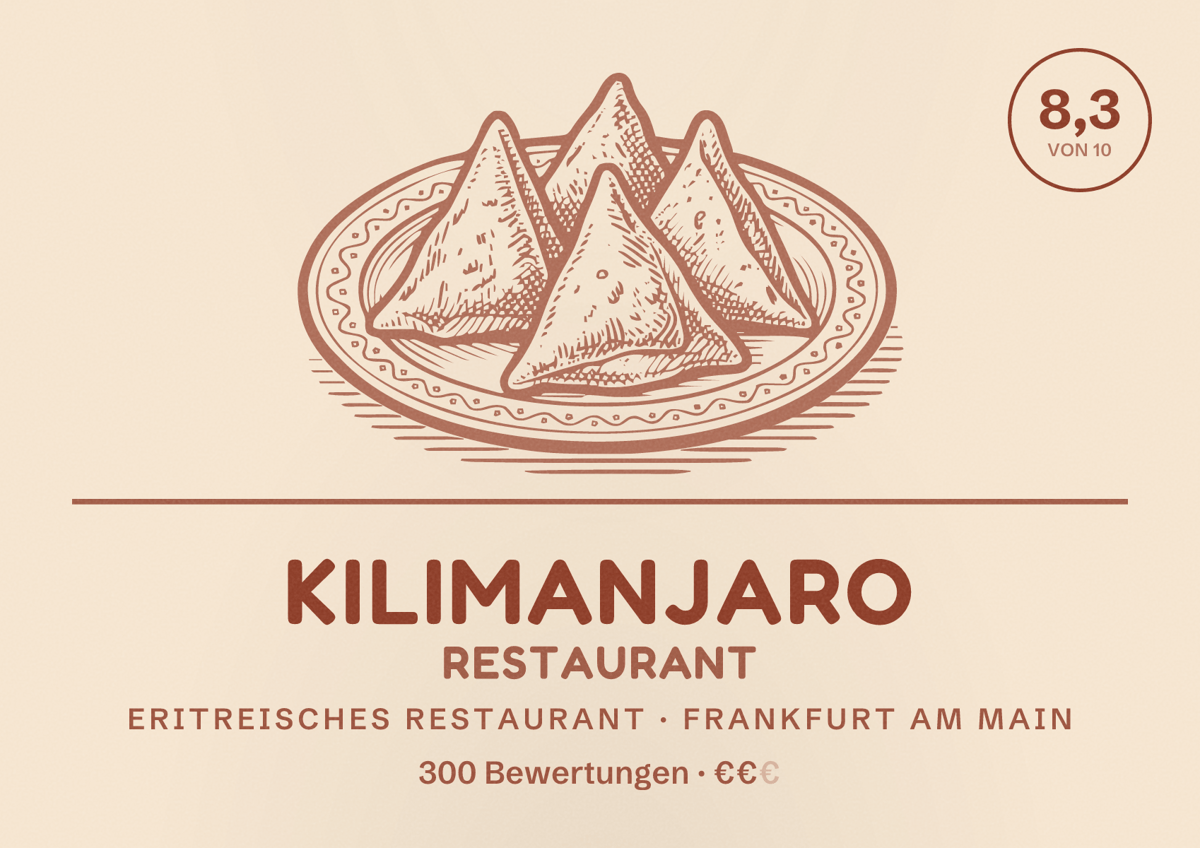 Illustriertes Poster von Kilimanjaro Restaurant, Eritreisches Restaurant in Frankfurt am Main: Bewertung 8,3 von 10 aus 300 Bewertungen, Preisniveau €€