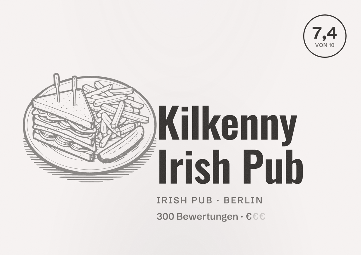 Illustriertes Poster von Kilkenny Irish Pub, Irish Pub in Berlin: Bewertung 7,4 von 10 aus 300 Bewertungen, Preisniveau €