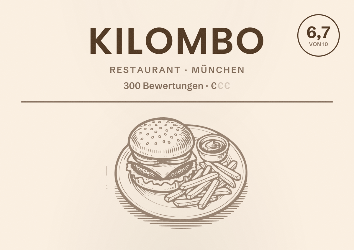 Illustriertes Poster von Kilombo, Restaurant in München: Bewertung 6,7 von 10 aus 300 Bewertungen, Preisniveau €