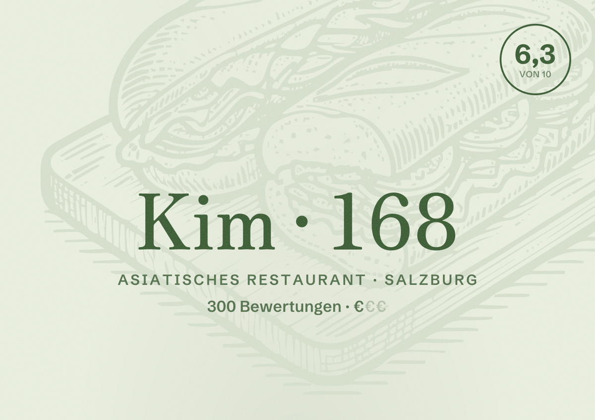Illustriertes Poster von Kim 168, Asiatisches Restaurant in Salzburg: Bewertung 6,3 von 10 aus 300 Bewertungen, Preisniveau €