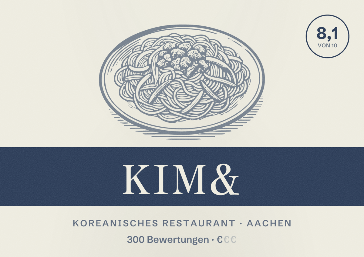 Illustriertes Poster von kim&, Koreanisches Restaurant in Aachen: Bewertung 8,1 von 10 aus 300 Bewertungen, Preisniveau €