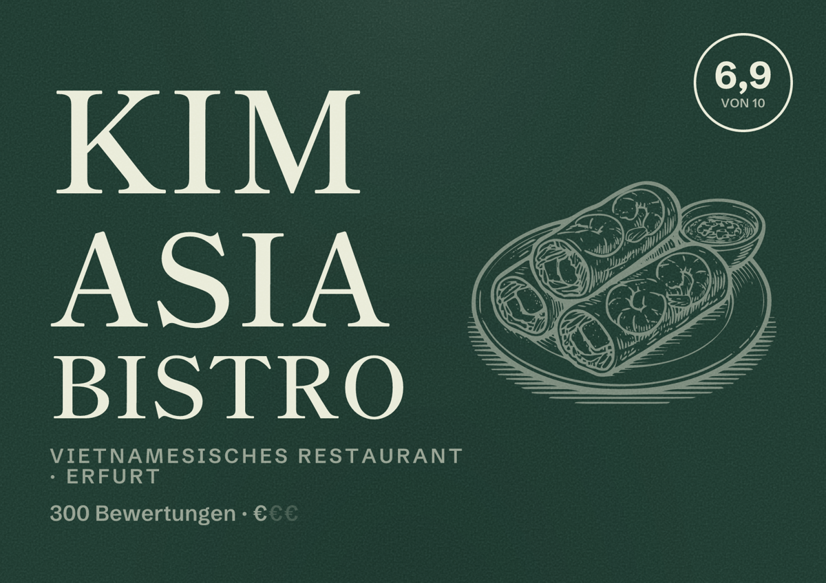 Illustriertes Poster von Kim Asia Bistro, Vietnamesisches Restaurant in Erfurt: Bewertung 6,9 von 10 aus 300 Bewertungen, Preisniveau €