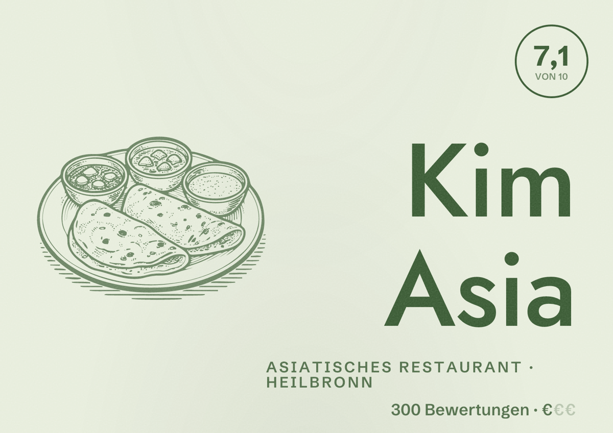 Illustriertes Poster von Kim Asia, Asiatisches Restaurant in Heilbronn: Bewertung 7,1 von 10 aus 300 Bewertungen, Preisniveau €