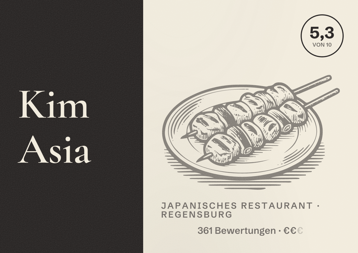 Illustriertes Poster von Kim Asia, Japanisches Restaurant in Regensburg: Bewertung 5,3 von 10 aus 361 Bewertungen, Preisniveau €€