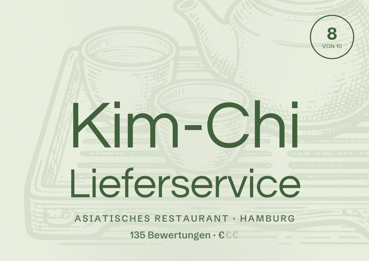 Illustriertes Poster von Kim-Chi Lieferservice, Asiatisches Restaurant in Hamburg: Bewertung 8,0 von 10 aus 135 Bewertungen, Preisniveau €