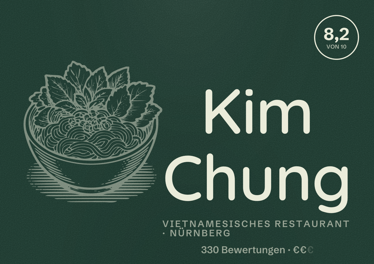 Illustriertes Poster von Kim Chung, Vietnamesisches Restaurant in Nürnberg: Bewertung 8,2 von 10 aus 330 Bewertungen, Preisniveau €€