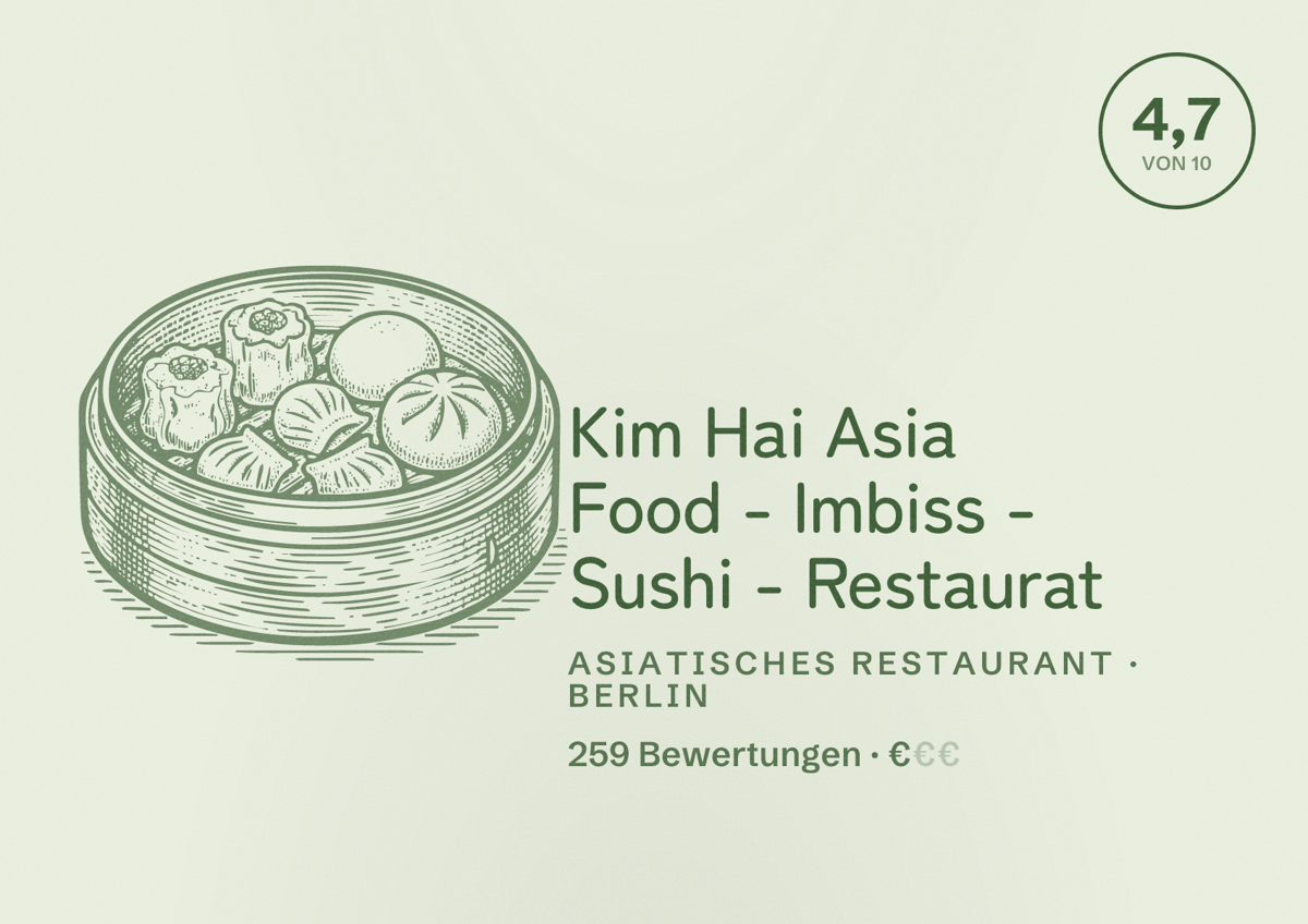 Illustriertes Poster von Kim Hai Asia Food - Imbiss - Sushi - Restaurat, Asiatisches Restaurant in Berlin: Bewertung 4,7 von 10 aus 259 Bewertungen, Preisniveau €