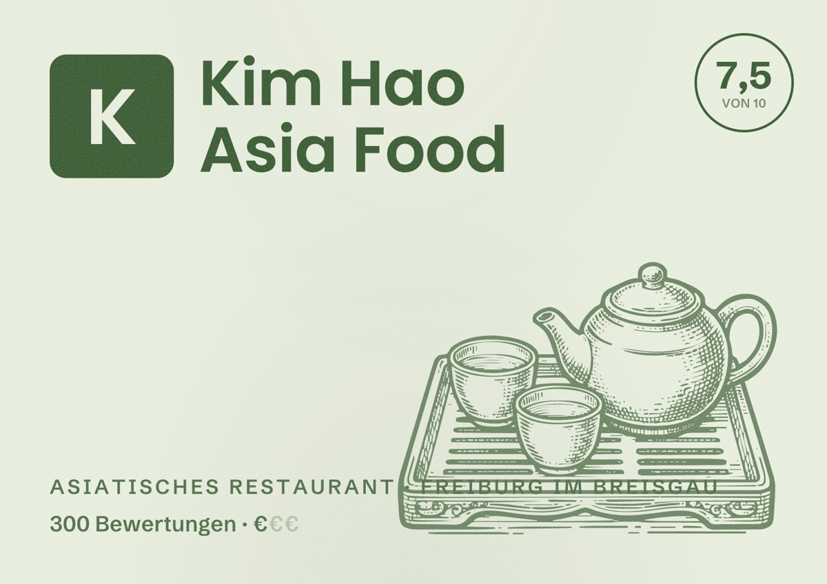 Illustriertes Poster von Kim Hao Asia Food, Asiatisches Restaurant in Freiburg im Breisgau: Bewertung 7,5 von 10 aus 300 Bewertungen, Preisniveau €