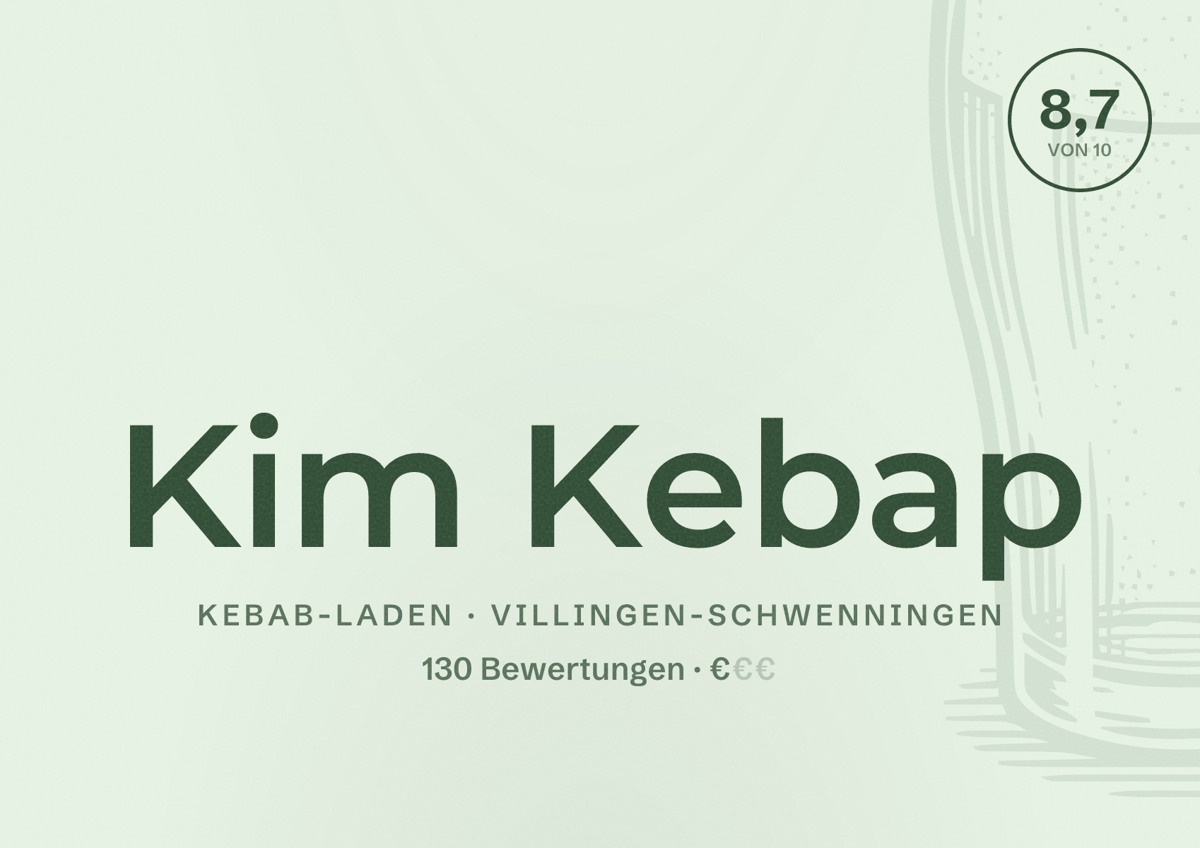 Illustriertes Poster von Kim Kebap, Kebab-Laden in Villingen-Schwenningen: Bewertung 8,7 von 10 aus 130 Bewertungen, Preisniveau €