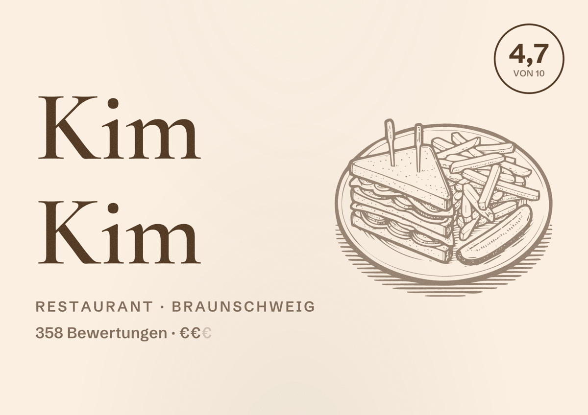 Illustriertes Poster von Kim Kim, Restaurant in Braunschweig: Bewertung 4,7 von 10 aus 358 Bewertungen, Preisniveau €€