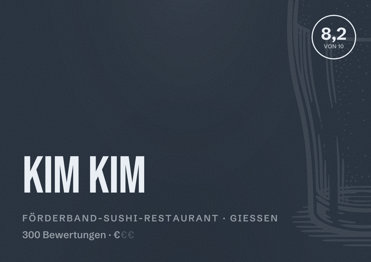 Illustriertes Poster von Kim Kim, Förderband-Sushi-Restaurant in Gießen: Bewertung 8,2 von 10 aus 300 Bewertungen, Preisniveau €