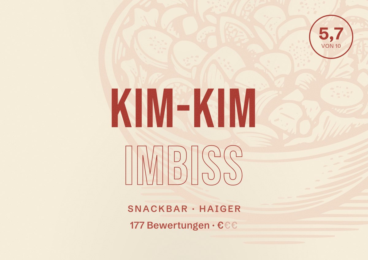 Illustriertes Poster von Kim-Kim Imbiss, Snackbar in Haiger: Bewertung 5,7 von 10 aus 177 Bewertungen, Preisniveau €