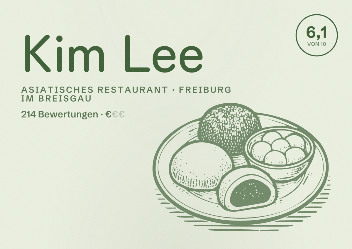 Illustriertes Poster von Kim Lee, Asiatisches Restaurant in Freiburg im Breisgau: Bewertung 6,1 von 10 aus 214 Bewertungen, Preisniveau €