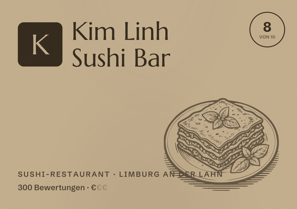 Illustriertes Poster von Kim Linh Sushi Bar, Sushi-Restaurant in Limburg an der Lahn: Bewertung 8 von 10 aus 300 Bewertungen, Preisniveau €