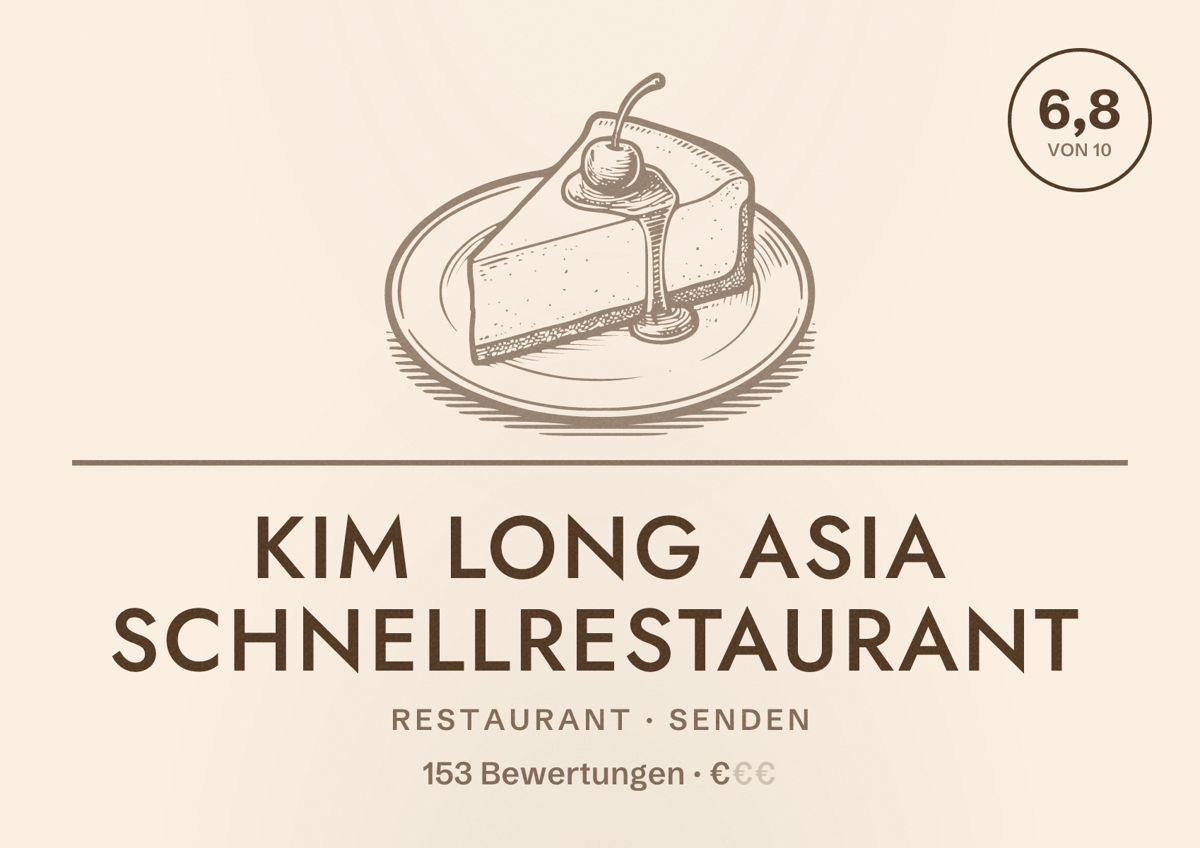 Illustriertes Poster von Kim Long Asia Schnellrestaurant, Restaurant in Senden: Bewertung 6,8 von 10 aus 153 Bewertungen, Preisniveau €