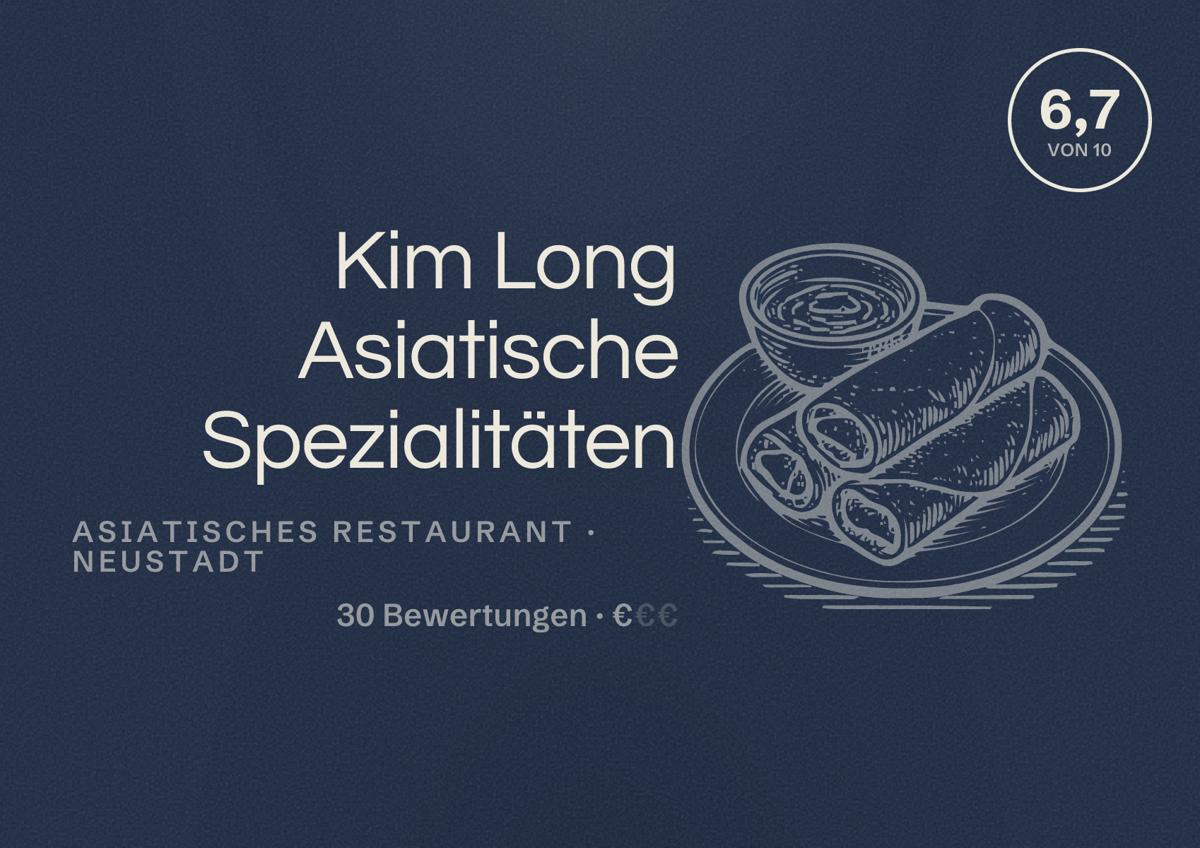 Illustriertes Poster von Kim Long Asiatische Spezialitäten, Asiatisches Restaurant in Neustadt: Bewertung 6,7 von 10 aus 30 Bewertungen, Preisniveau €