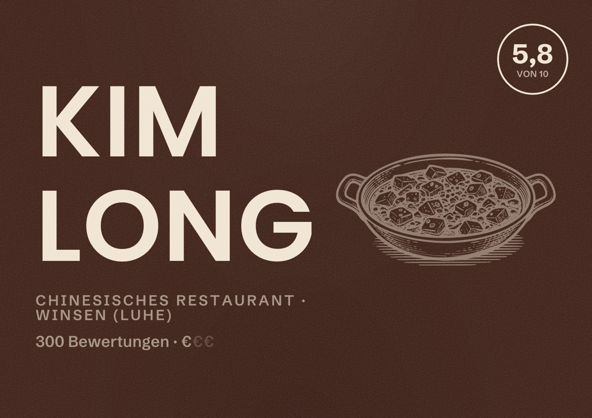 Illustriertes Poster von Kim Long, Chinesisches Restaurant in Winsen (Luhe): Bewertung 5,8 von 10 aus 300 Bewertungen, Preisniveau €
