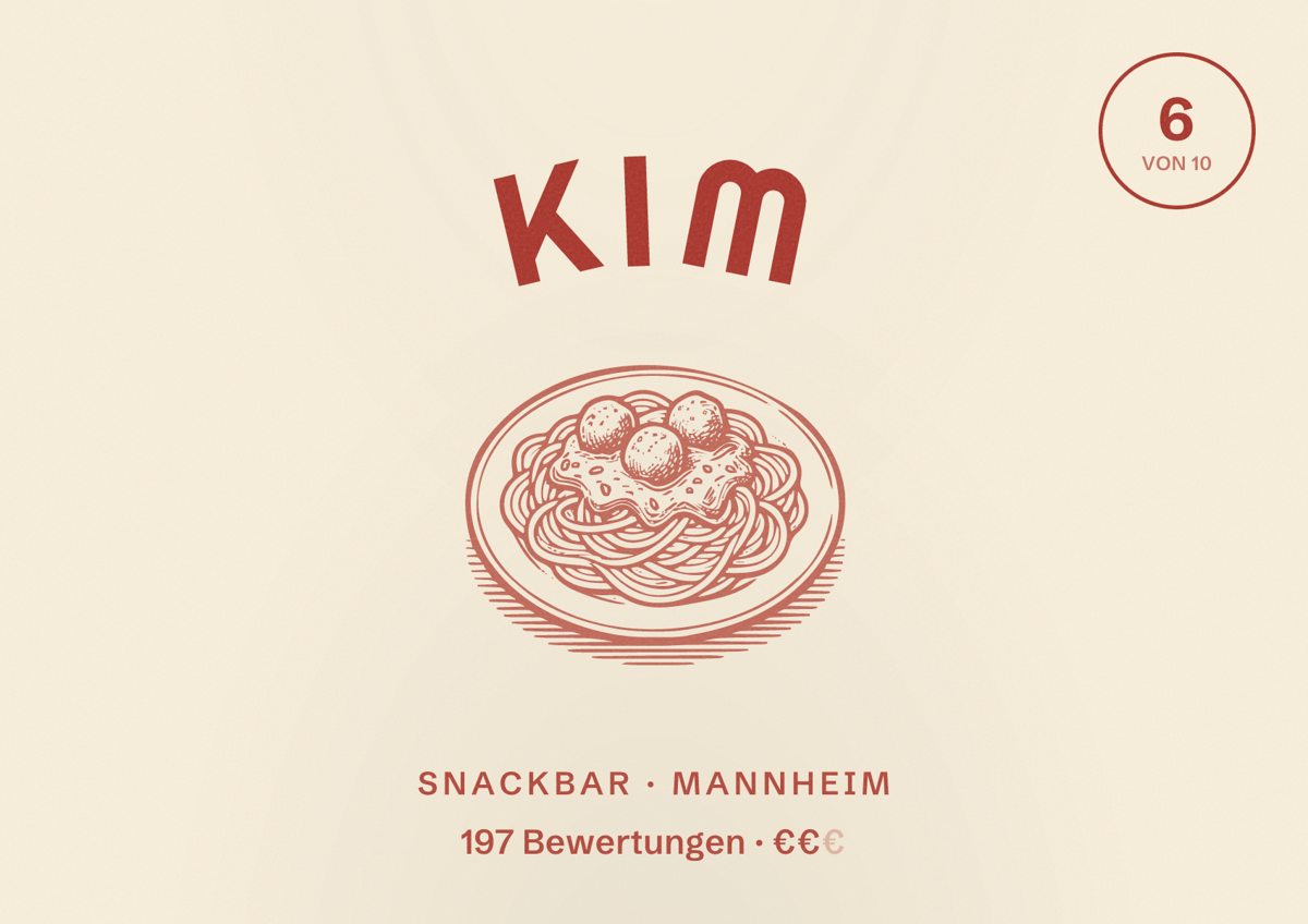 Illustriertes Poster von Kim, Snackbar in Mannheim: Bewertung 6 von 10 aus 197 Bewertungen, Preisniveau €€