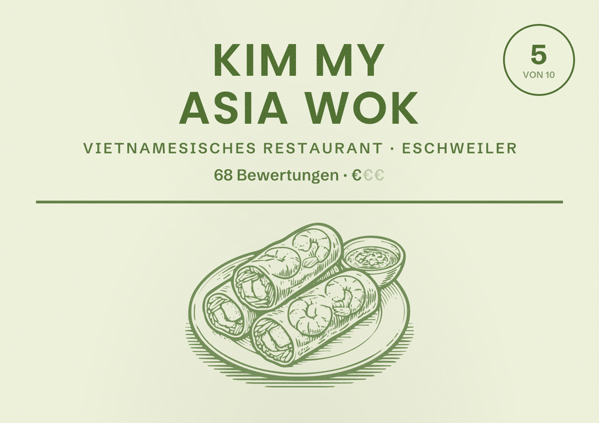 Illustriertes Poster von Kim My Asia Wok, Vietnamesisches Restaurant in Eschweiler: Bewertung 5 von 10 aus 68 Bewertungen, Preisniveau €