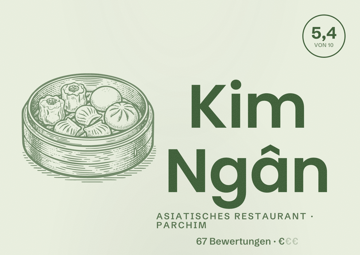 Illustriertes Poster von Kim Ngân, Asiatisches Restaurant in Parchim: Bewertung 5,4 von 10 aus 67 Bewertungen, Preisniveau €