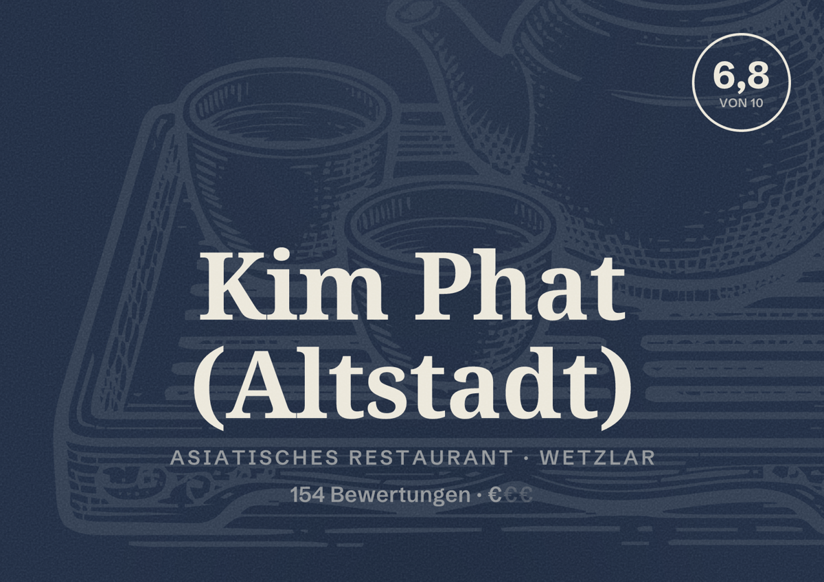 Illustriertes Poster von Kim Phat (Altstadt), Asiatisches Restaurant in Wetzlar: Bewertung 6,8 von 10 aus 154 Bewertungen, Preisniveau €