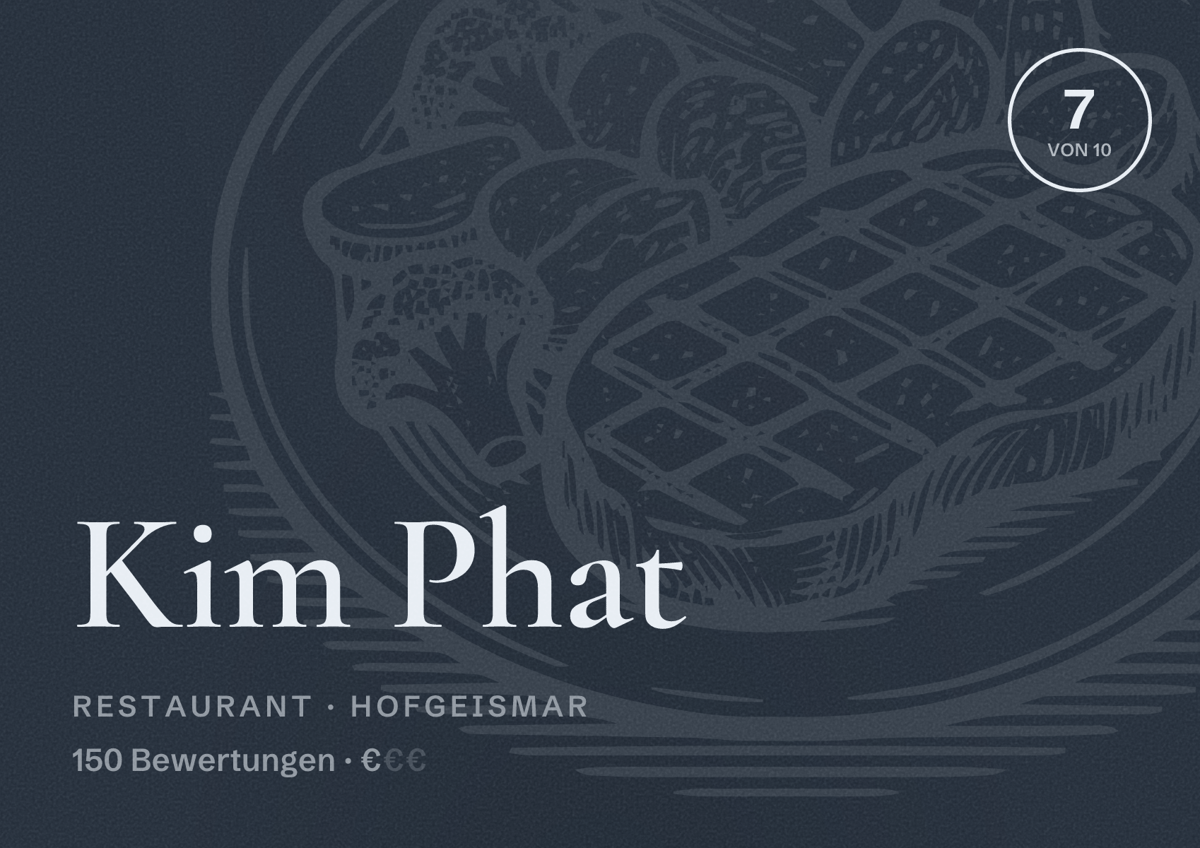 Illustriertes Poster von Kim Phat, Restaurant in Hofgeismar: Bewertung 7 von 10 aus 150 Bewertungen, Preisniveau €