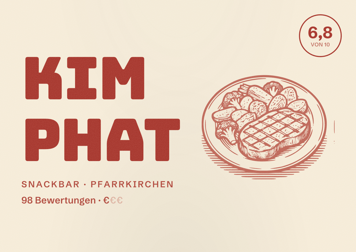 Illustriertes Poster von Kim Phat, Snackbar in Pfarrkirchen: Bewertung 6,8 von 10 aus 98 Bewertungen, Preisniveau €