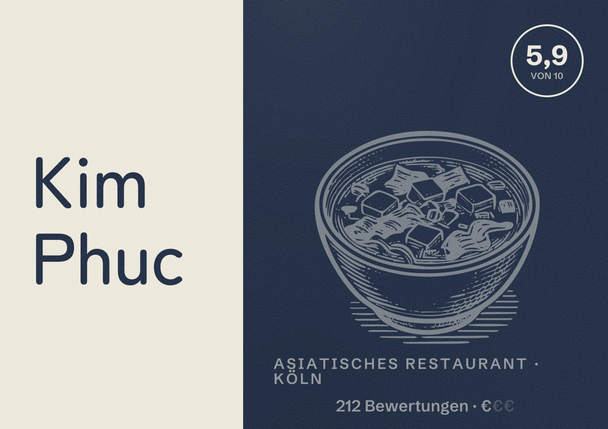 Illustriertes Poster von Kim Phuc, Asiatisches Restaurant in Köln: Bewertung 5,9 von 10 aus 212 Bewertungen, Preisniveau €