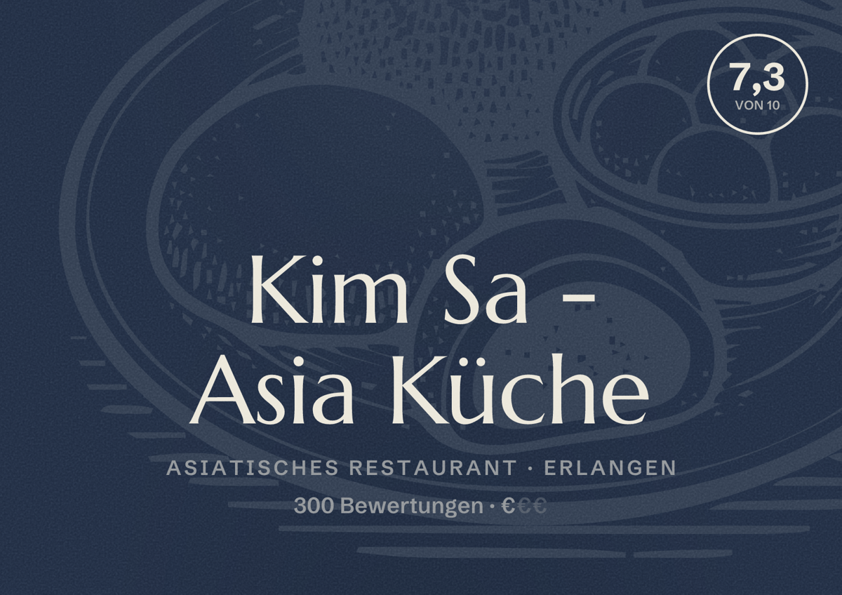 Illustriertes Poster von Kim Sa - Asia Küche, Asiatisches Restaurant in Erlangen: Bewertung 7,3 von 10 aus 300 Bewertungen, Preisniveau €