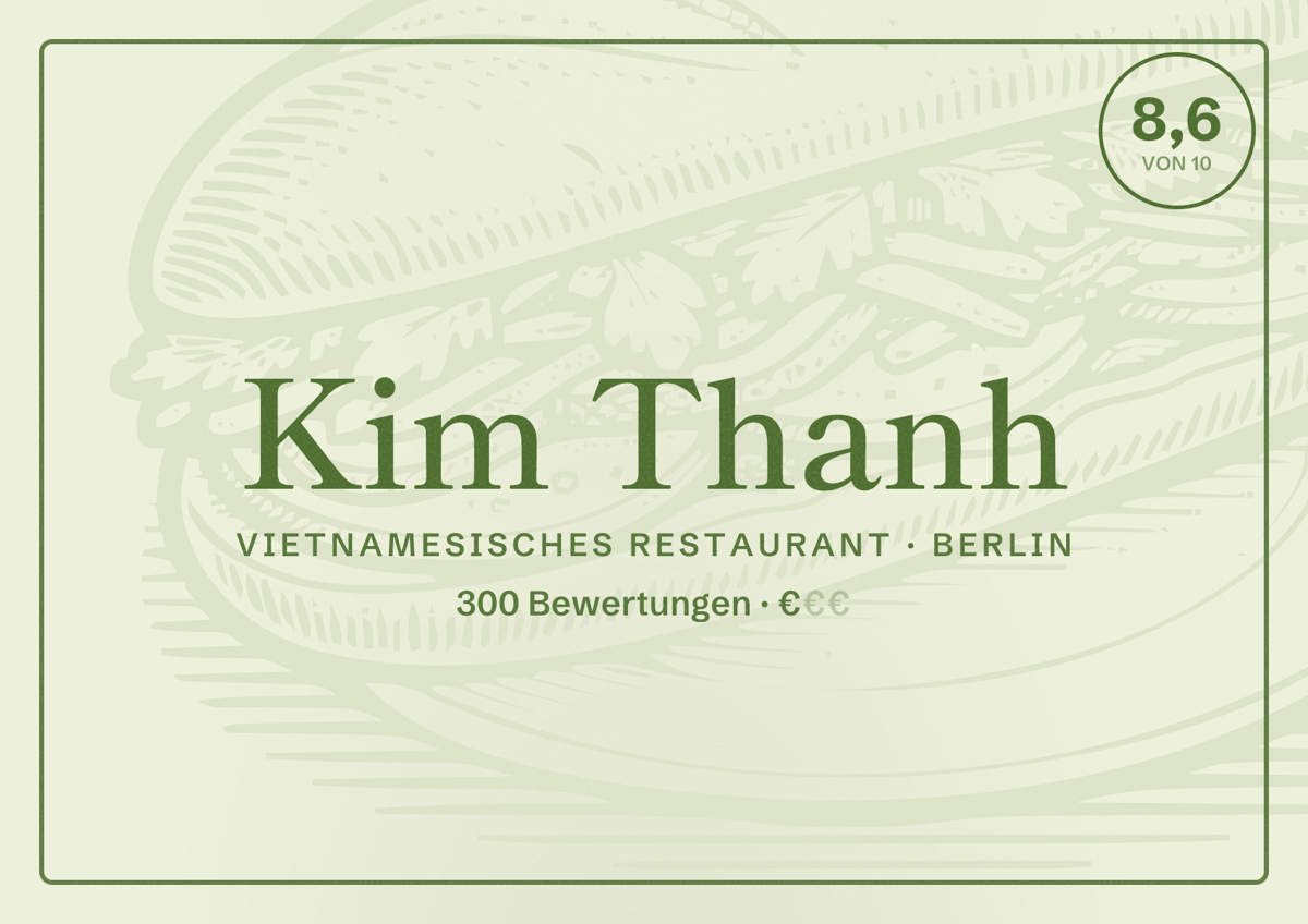 Illustriertes Poster von Kim Thanh, Vietnamesisches Restaurant in Berlin: Bewertung 8,6 von 10 aus 300 Bewertungen, Preisniveau €