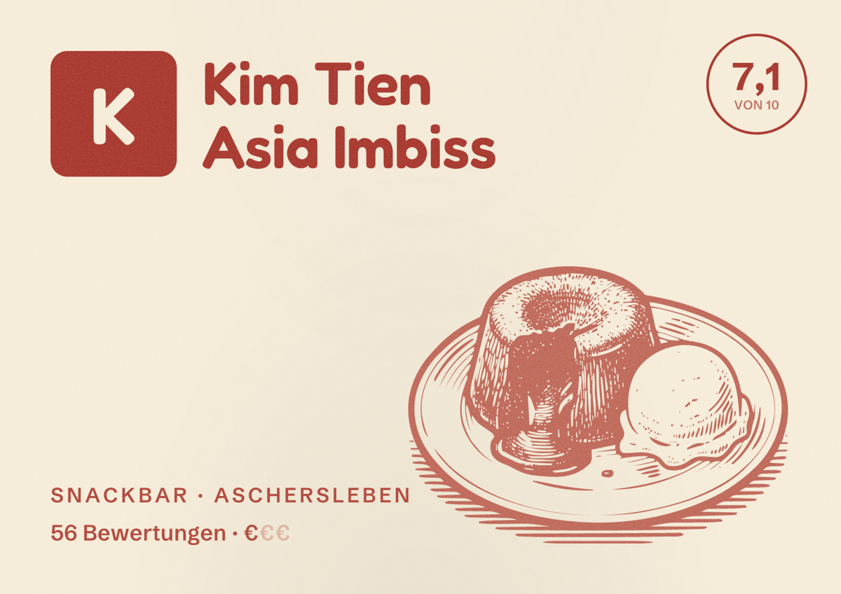 Illustriertes Poster von Kim Tien Asia Imbiss, Snackbar in Aschersleben: Bewertung 7,1 von 10 aus 56 Bewertungen, Preisniveau €