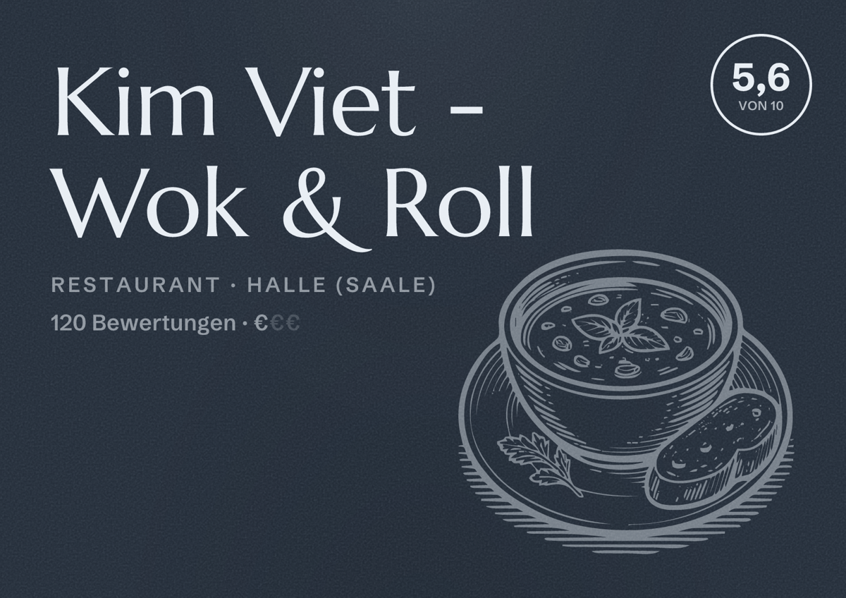 Illustriertes Poster von Kim Viet - Wok & Roll, Restaurant in Halle (Saale): Bewertung 5,6 von 10 aus 120 Bewertungen, Preisniveau €