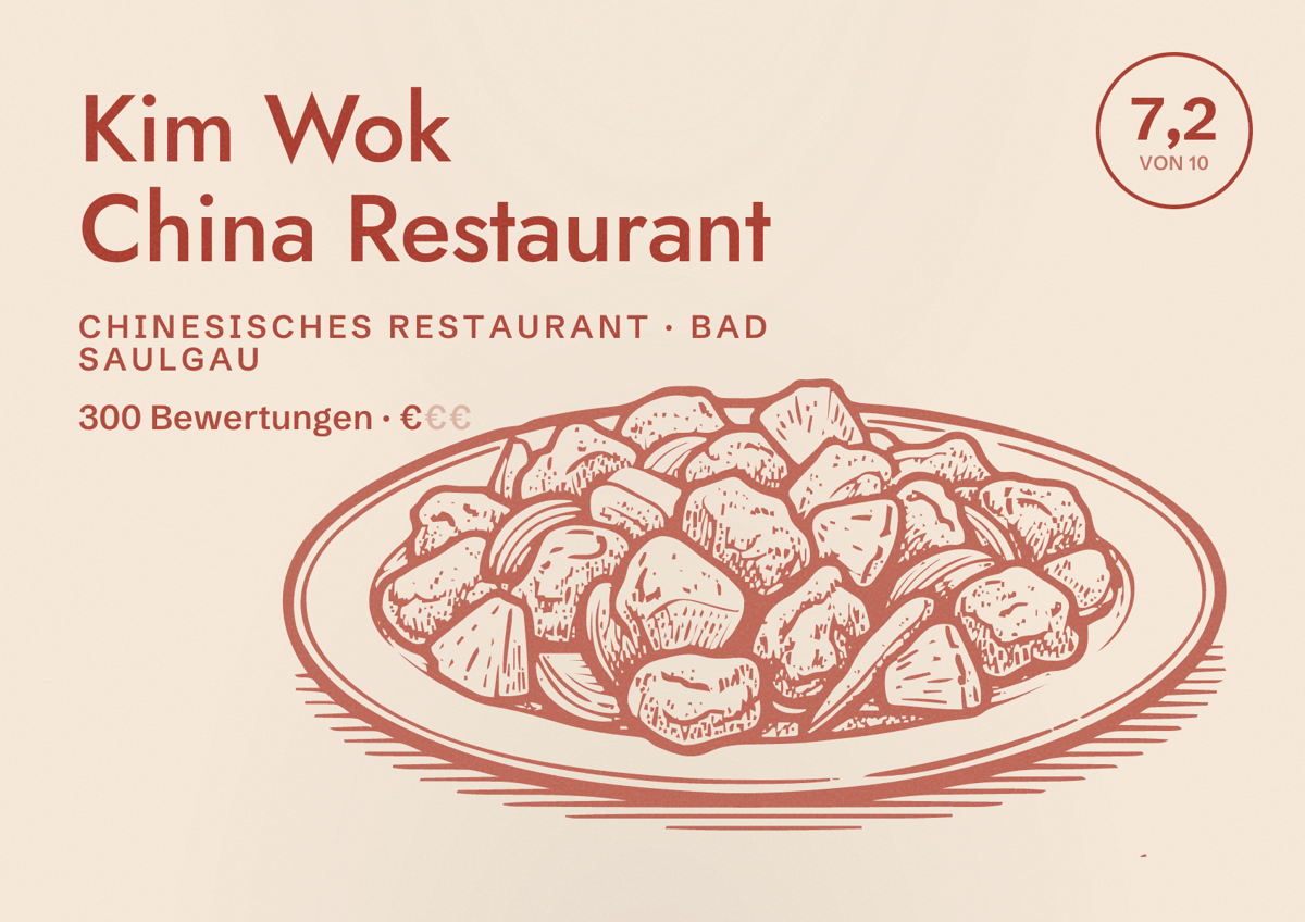 Illustriertes Poster von Kim Wok China Restaurant, Chinesisches Restaurant in Bad Saulgau: Bewertung 7,2 von 10 aus 300 Bewertungen, Preisniveau €