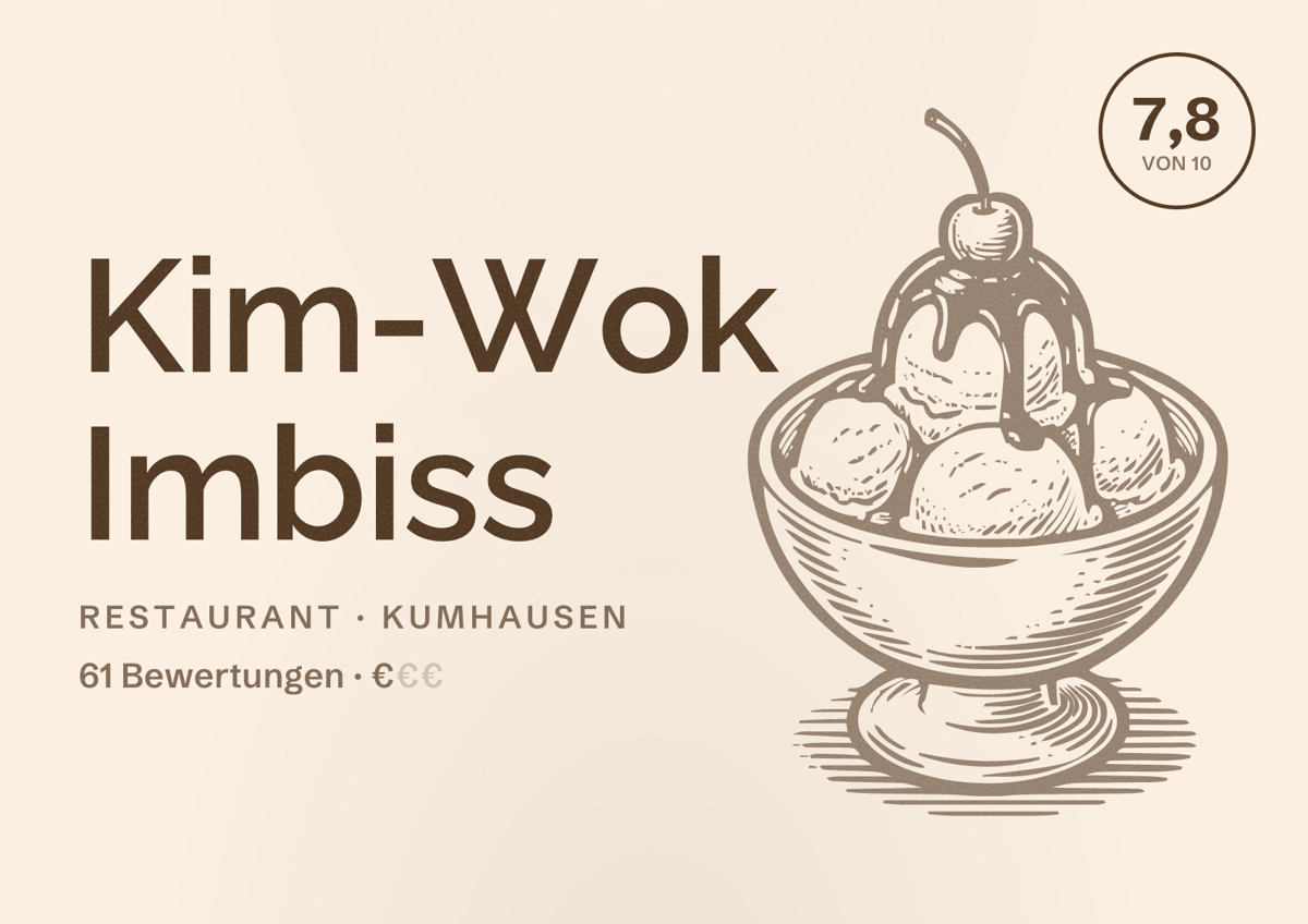 Illustriertes Poster von Kim-Wok Imbiss, Restaurant in Kumhausen: Bewertung 7,8 von 10 aus 61 Bewertungen, Preisniveau €