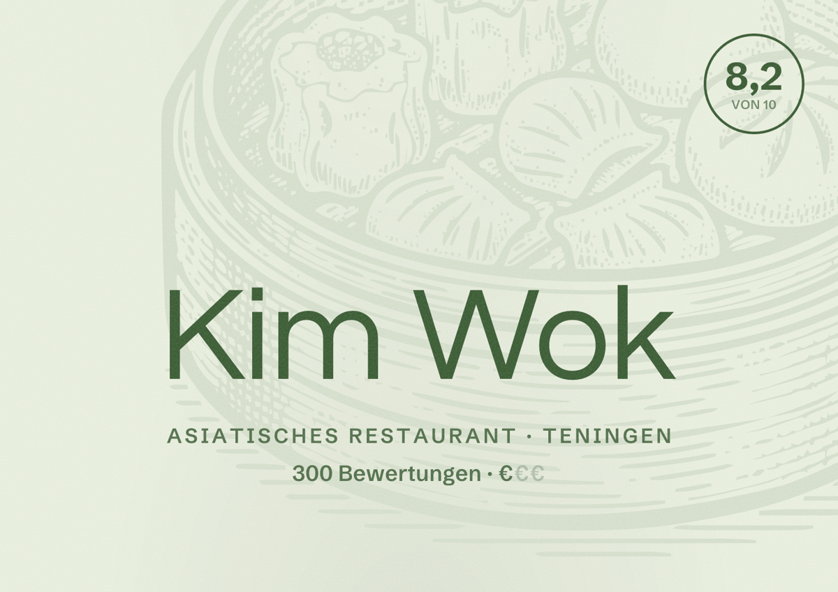 Illustriertes Poster von Kim Wok, Asiatisches Restaurant in Teningen: Bewertung 8,2 von 10 aus 300 Bewertungen, Preisniveau €