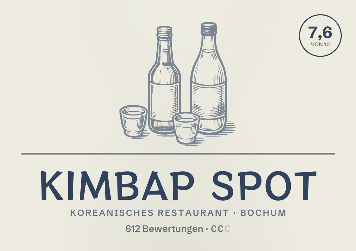 Illustriertes Poster von Kimbap Spot, Koreanisches Restaurant in Bochum: Gästebewertung 7,6 von 10 aus 612 Bewertungen