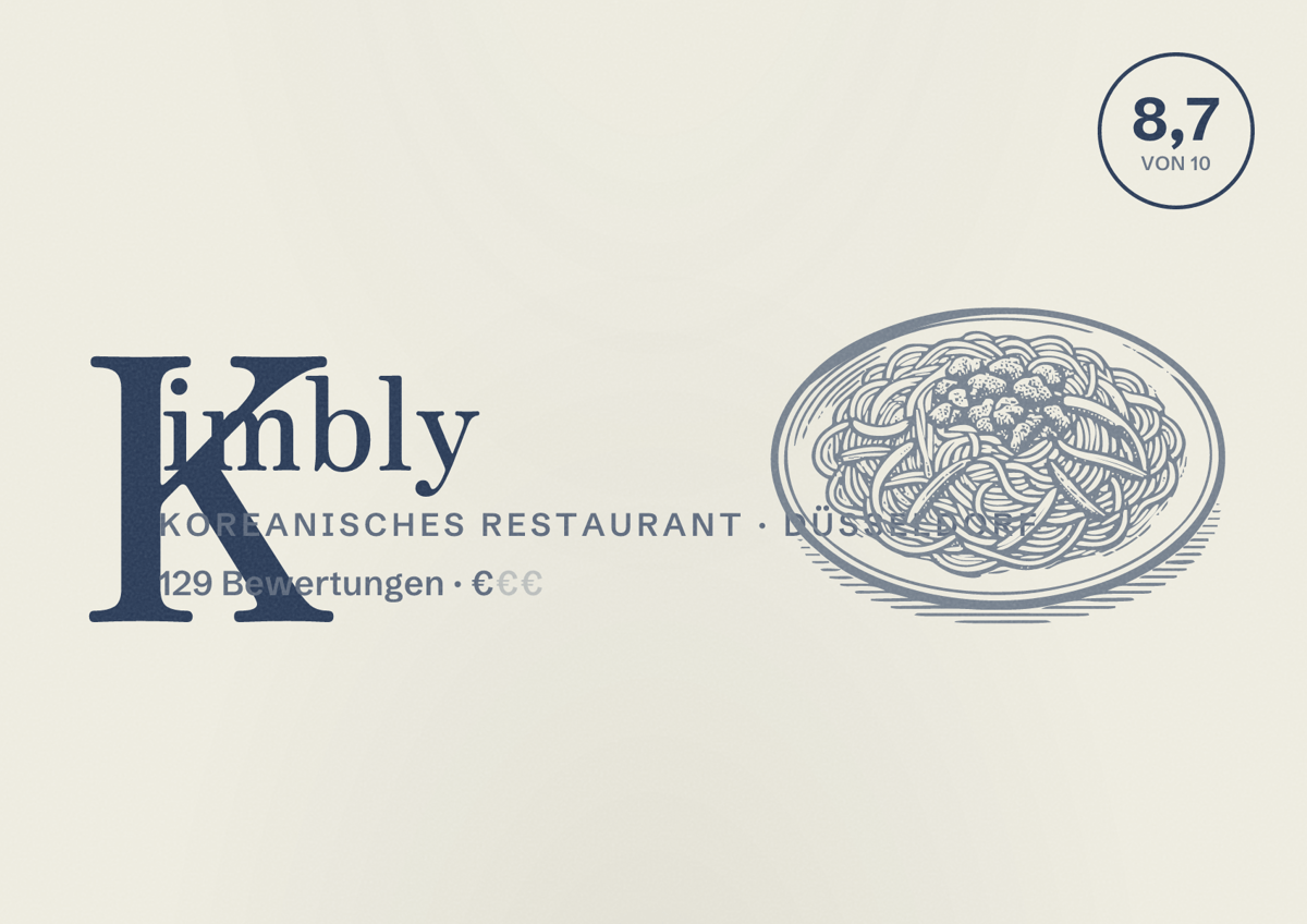 Illustriertes Poster von Kimbly, Koreanisches Restaurant in Düsseldorf: Bewertung 8,7 von 10 aus 129 Bewertungen, Preisniveau €