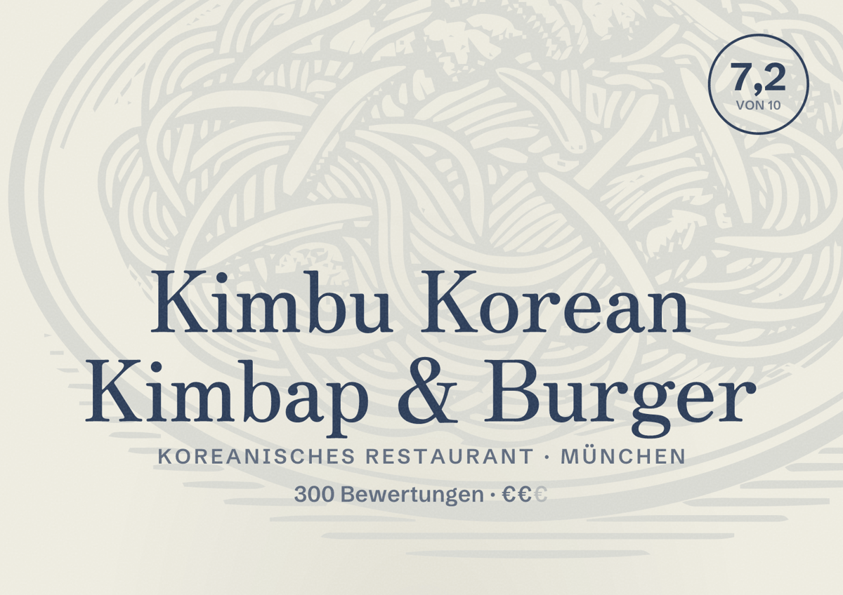 Illustriertes Poster von Kimbu Korean Kimbap & Burger, Koreanisches Restaurant in München: Bewertung 7,2 von 10 aus 300 Bewertungen, Preisniveau €€