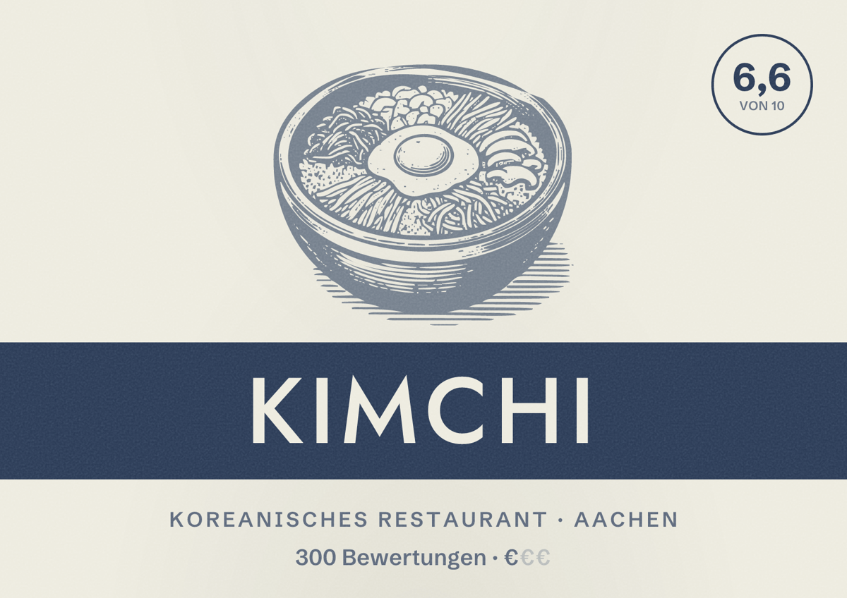 Illustriertes Poster von Kimchi, Koreanisches Restaurant in Aachen: Bewertung 6,6 von 10 aus 300 Bewertungen, Preisniveau €