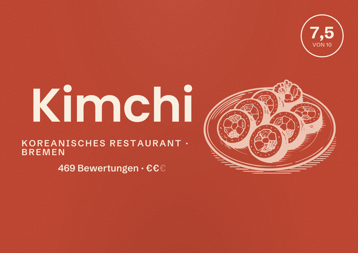 Illustriertes Poster von Kimchi, Koreanisches Restaurant in Bremen: Bewertung 7,5 von 10 aus 469 Bewertungen, Preisniveau €€