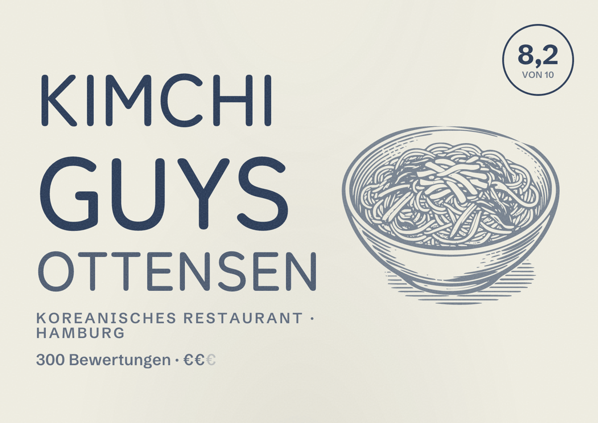 Illustriertes Poster von Kimchi Guys Ottensen, Koreanisches Restaurant in Hamburg: Bewertung 8,2 von 10 aus 300 Bewertungen, Preisniveau €€